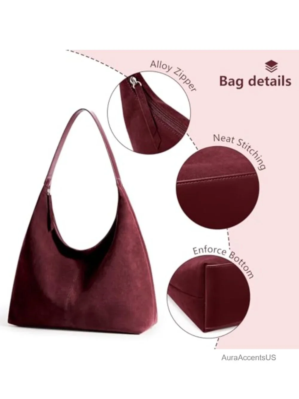 Slouchy Tote Bag 18L Casual Vegan Leather Crescent Hobo Zipper Bag